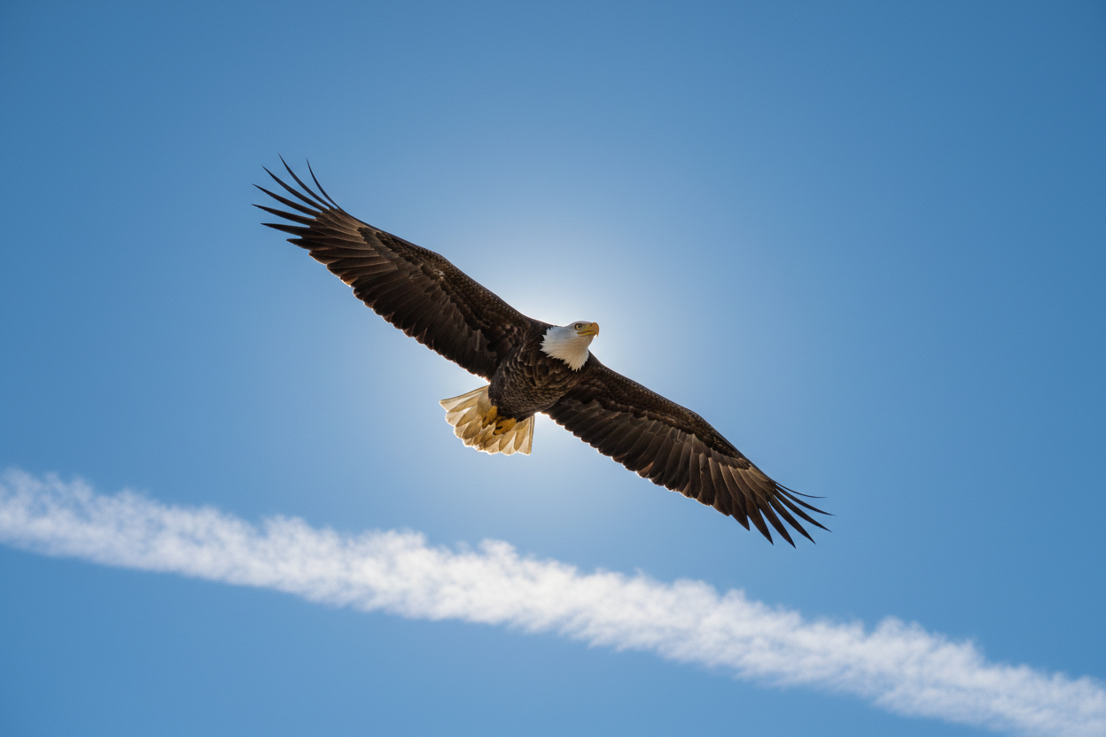 Soaring eagle flying high above storm clouds symbolizing strength and spiritual renewal with faith.