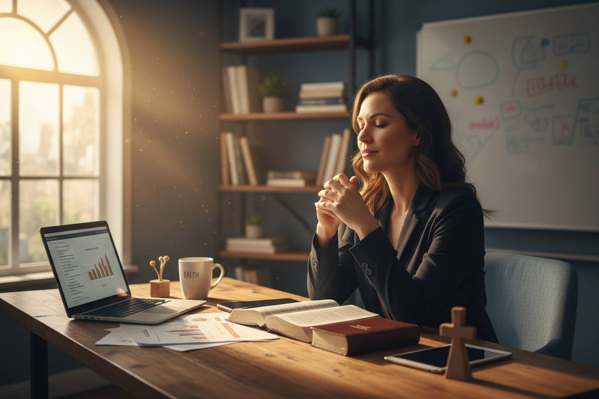 Christian entrepreneur praying with open Bible, symbolizing entrepreneurship for God and kingdom-focused business values