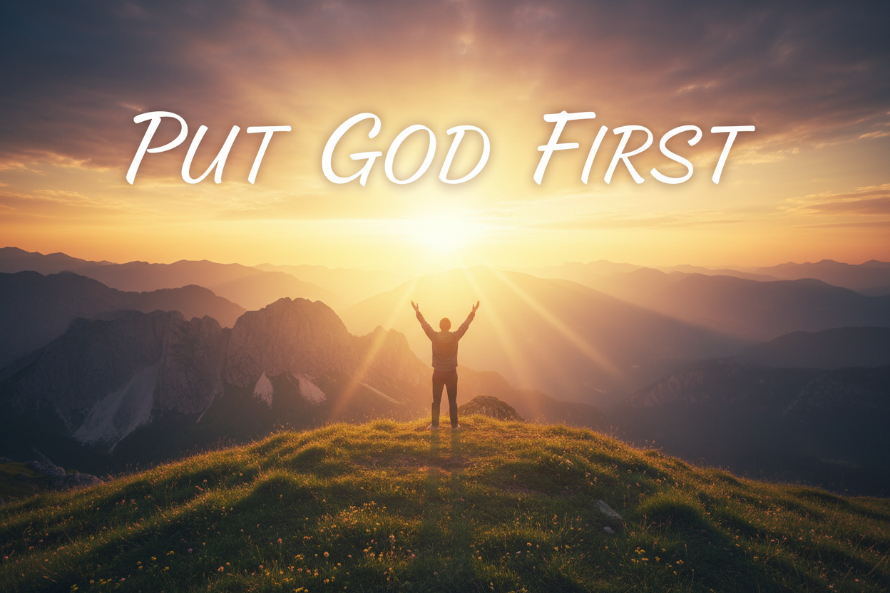 Sunrise over peaceful landscape symbolizing putting God first and spiritual fulfillment