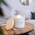 Truth = Freedom glass candle with wooden wick in frosted vessel and maple lid, natural off-white soy wax for calming light and reflection