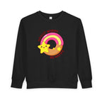 Black toddler sweatshirt with colorful donut and star design and "Donut Worry Be Happy" text
