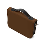 Brown PU leather Bible cover with black handle and zipper, durable and stylish, fits most Bibles
