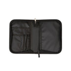 Black PU leather Bible cover with zipper, multiple pockets, and handle, designed to fit most Bibles and protect in style.