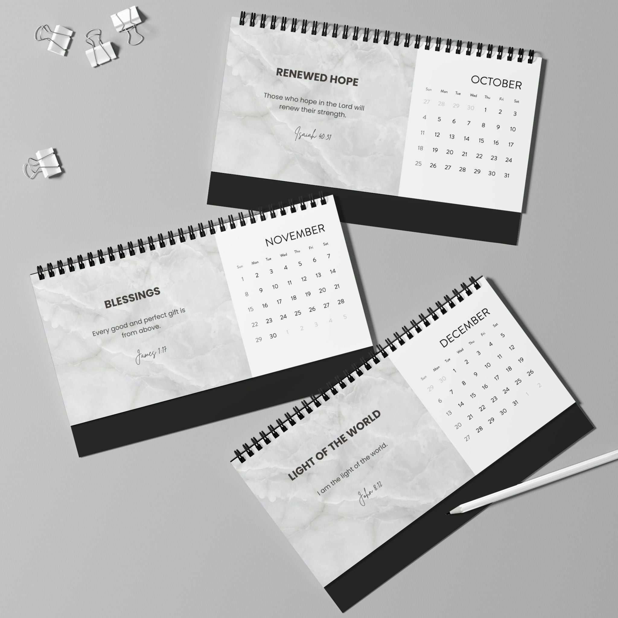 Grace Daily Calendar 2026 with monthly grid, spiral binding, and inspirational design