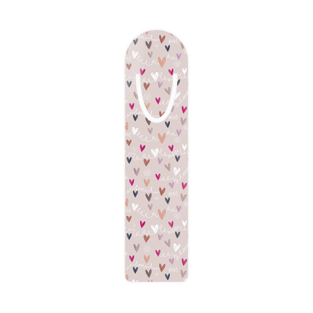 Colorful aluminum bookmark with heart patterns and top slot for holding pages
