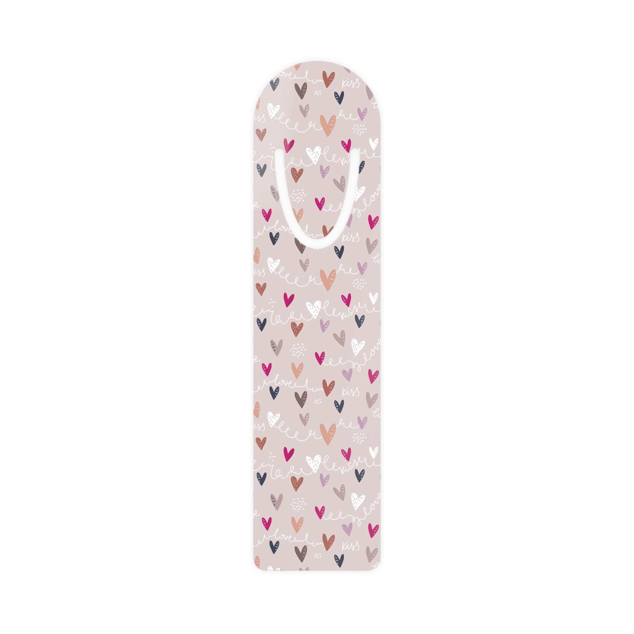 Colorful aluminum bookmark with heart patterns and top slot for holding pages