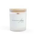 Frosted glass candle with wooden lid featuring inspirational quote, natural off-white coconut soy wax, and wooden wick for calming light and reflection