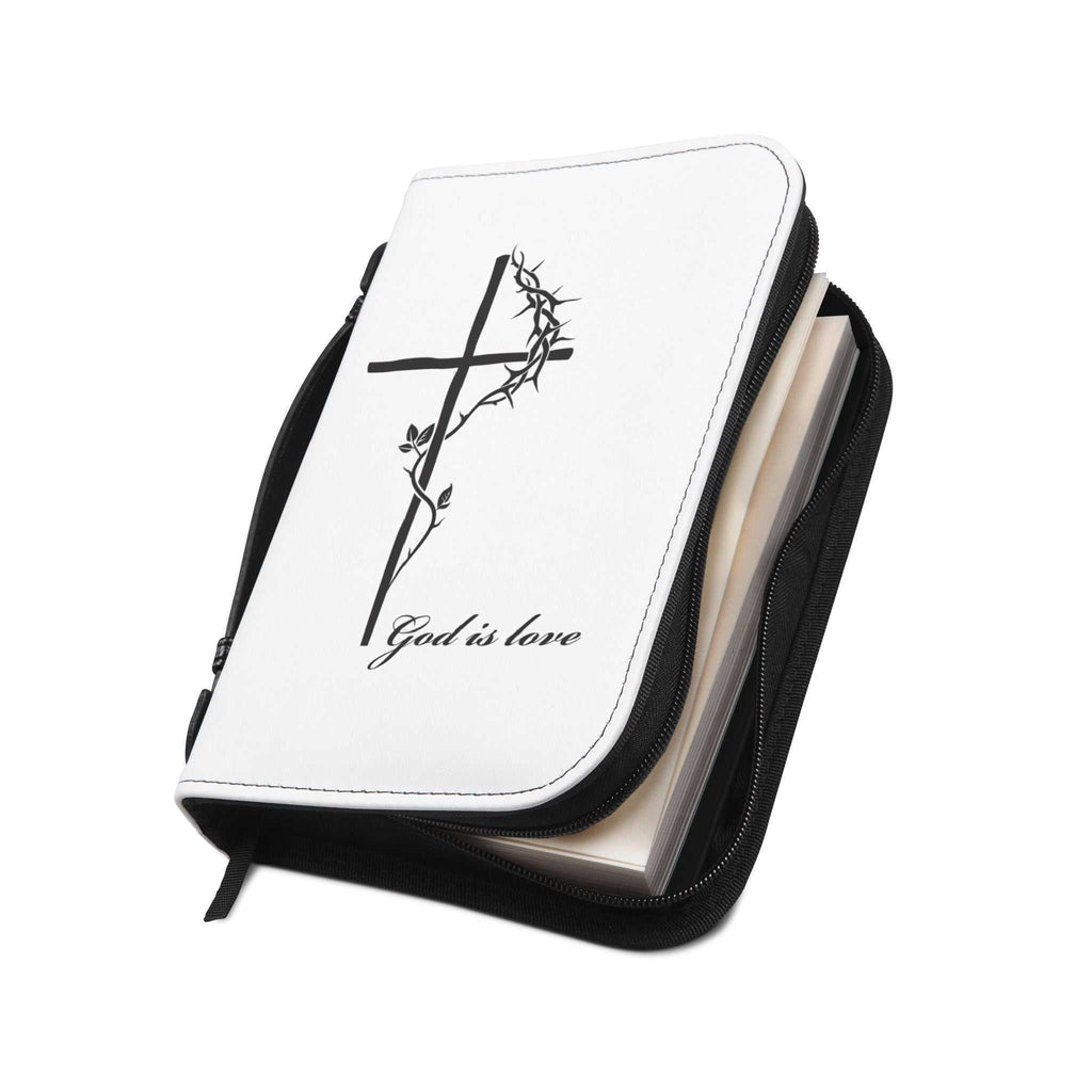 White God Is Love Bible Cover with black cross design and zipper closure, durable PU leather Bible cover with handle and stitching