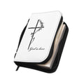 White God Is Love Bible Cover with black cross design and zipper closure, durable PU leather Bible cover with handle and stitching
