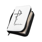 White God Is Love Bible Cover with black cross design and zipper closure, durable PU leather Bible cover with handle and stitching