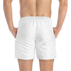 Back view of a man wearing plain white Good Vibes Swim Trunks
