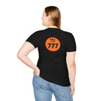 Black Divine Perfection T-shirt with orange 777 and crown logo on back, worn by woman, made of 100% cotton with classic fit