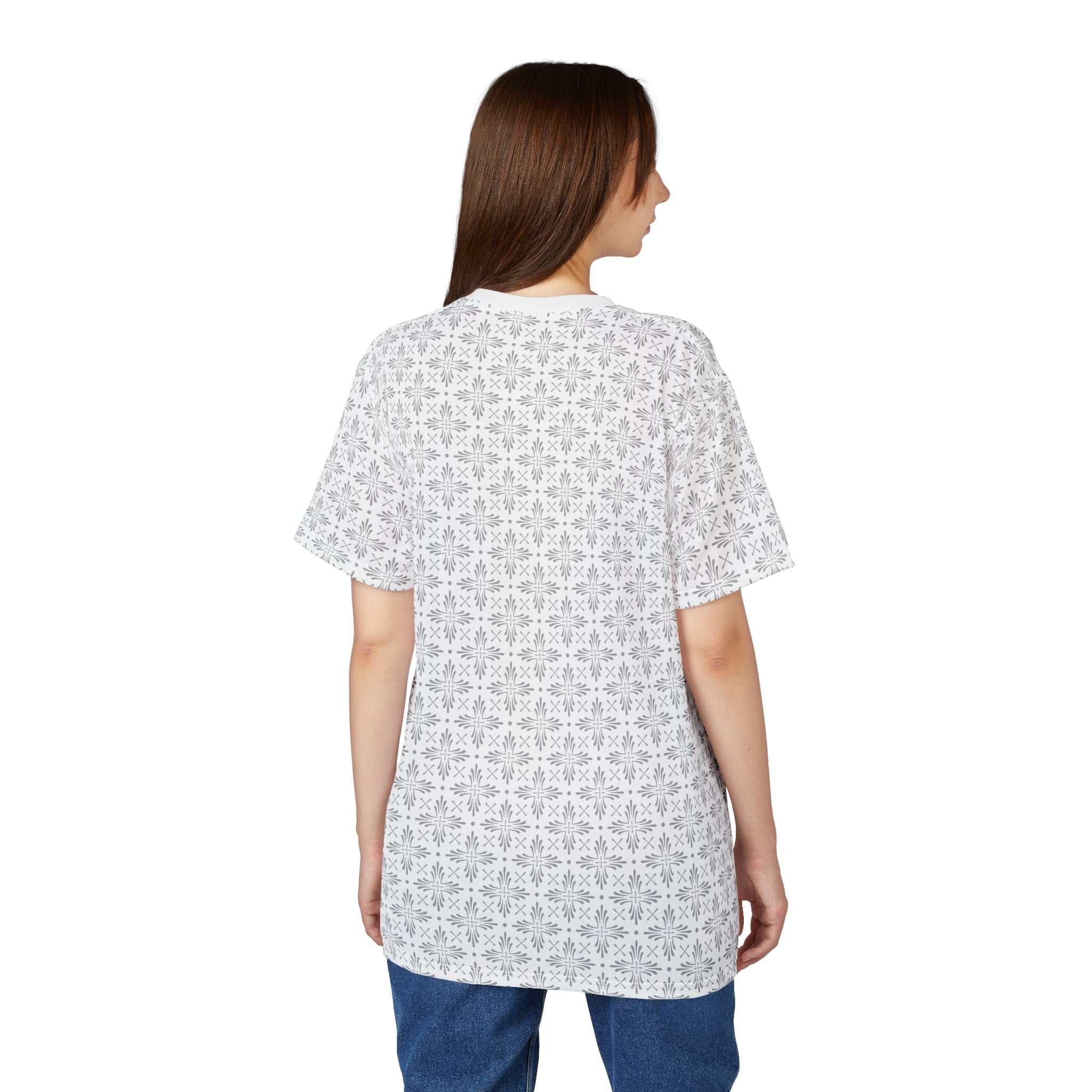 Back view of a woman wearing a white Christian Cross T-Shirt