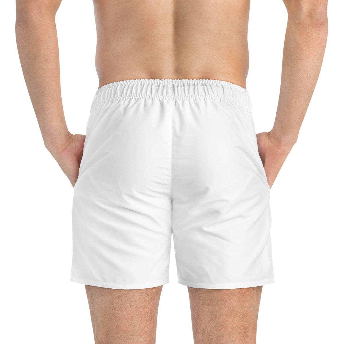 Back view of man wearing plain white Faith Over Fear Swim Trunks