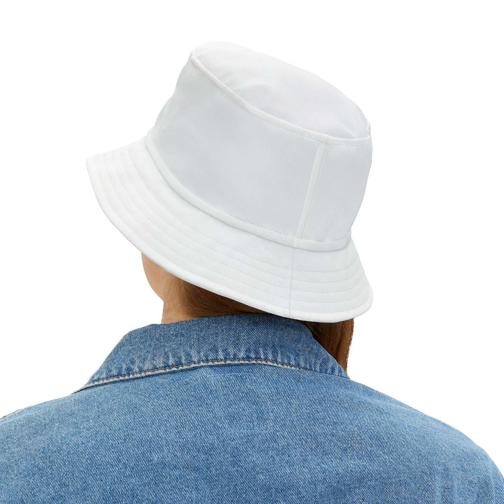 Back view of white Love Bucket Hat worn with denim jacket