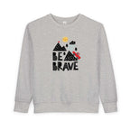 Be Brave toddler sweatshirt in gray with mountain and sun graphic