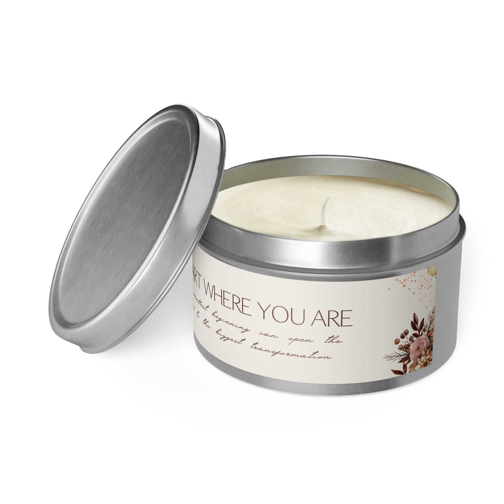 Begin Now Tin Candle in silver tin with natural coconut soy wax