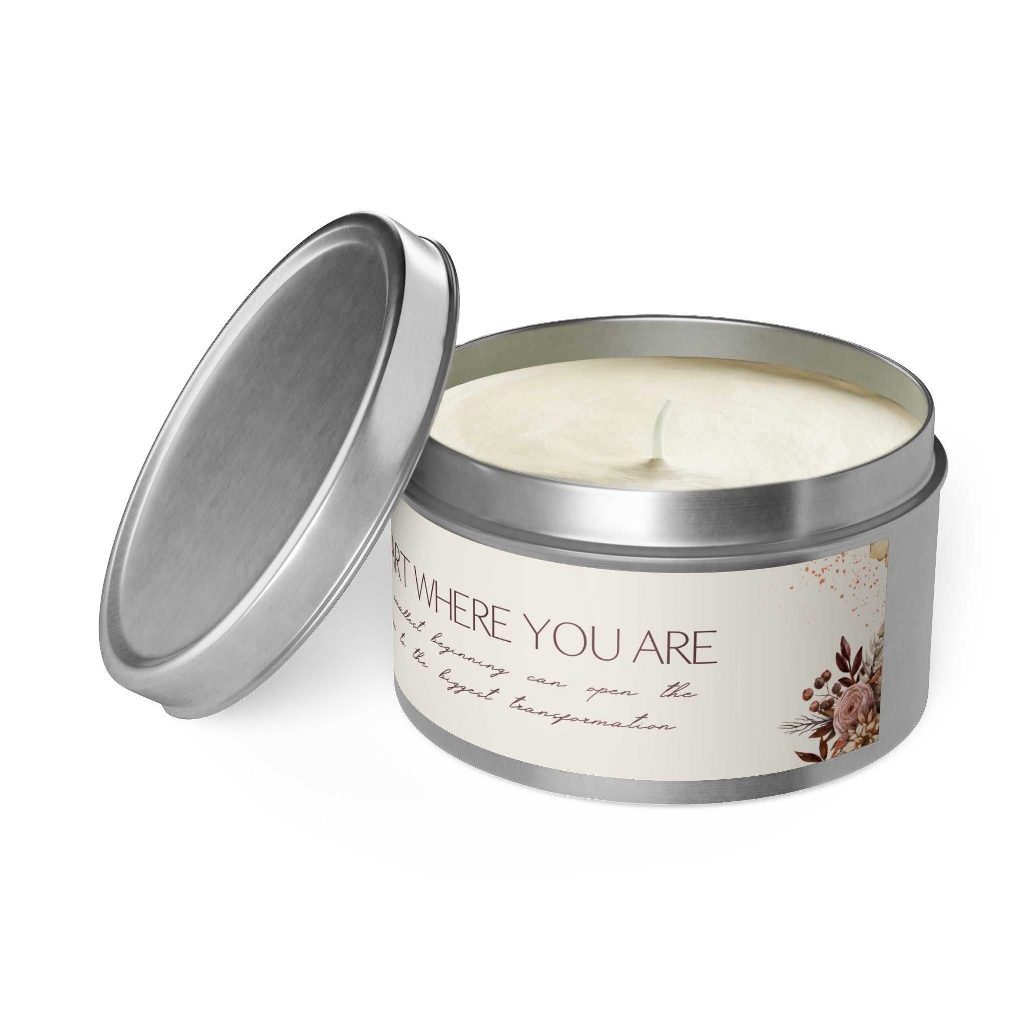 Begin Now Tin Candle in silver tin with natural coconut soy wax
