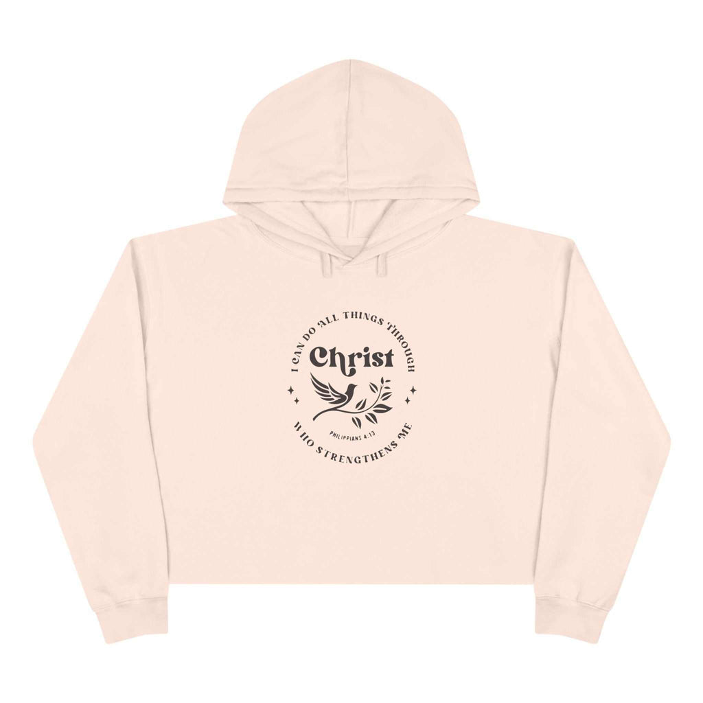 Beige Philippians 4:13 crop hoodie with Christ-themed design