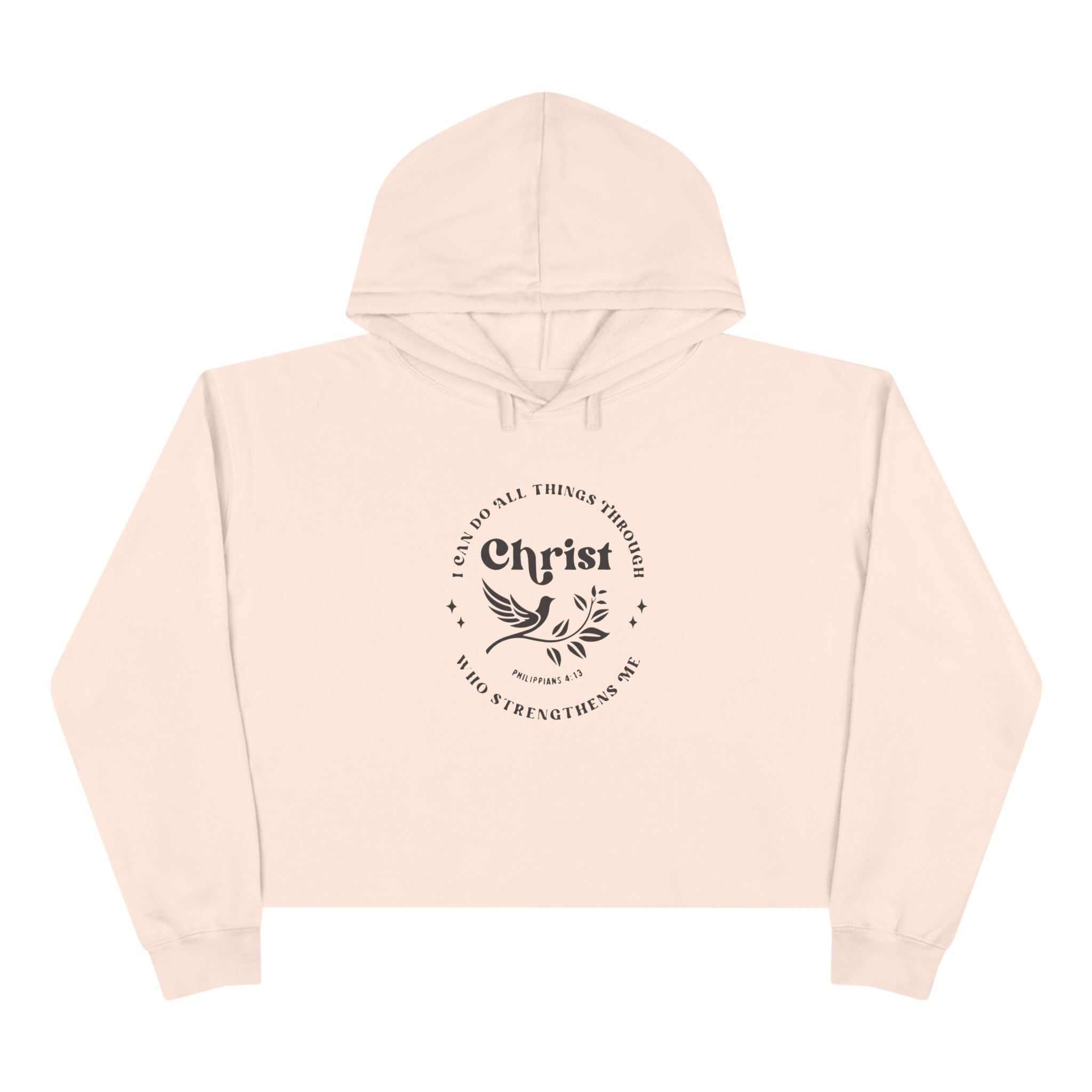 Beige Philippians 4:13 crop hoodie with Christ-themed design