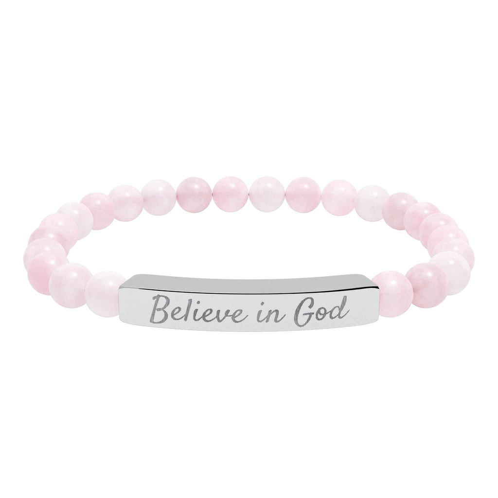 Close-up of a Believe in God bracelet made of 316L surgical grade stainless steel, symbolizing faith and devotion