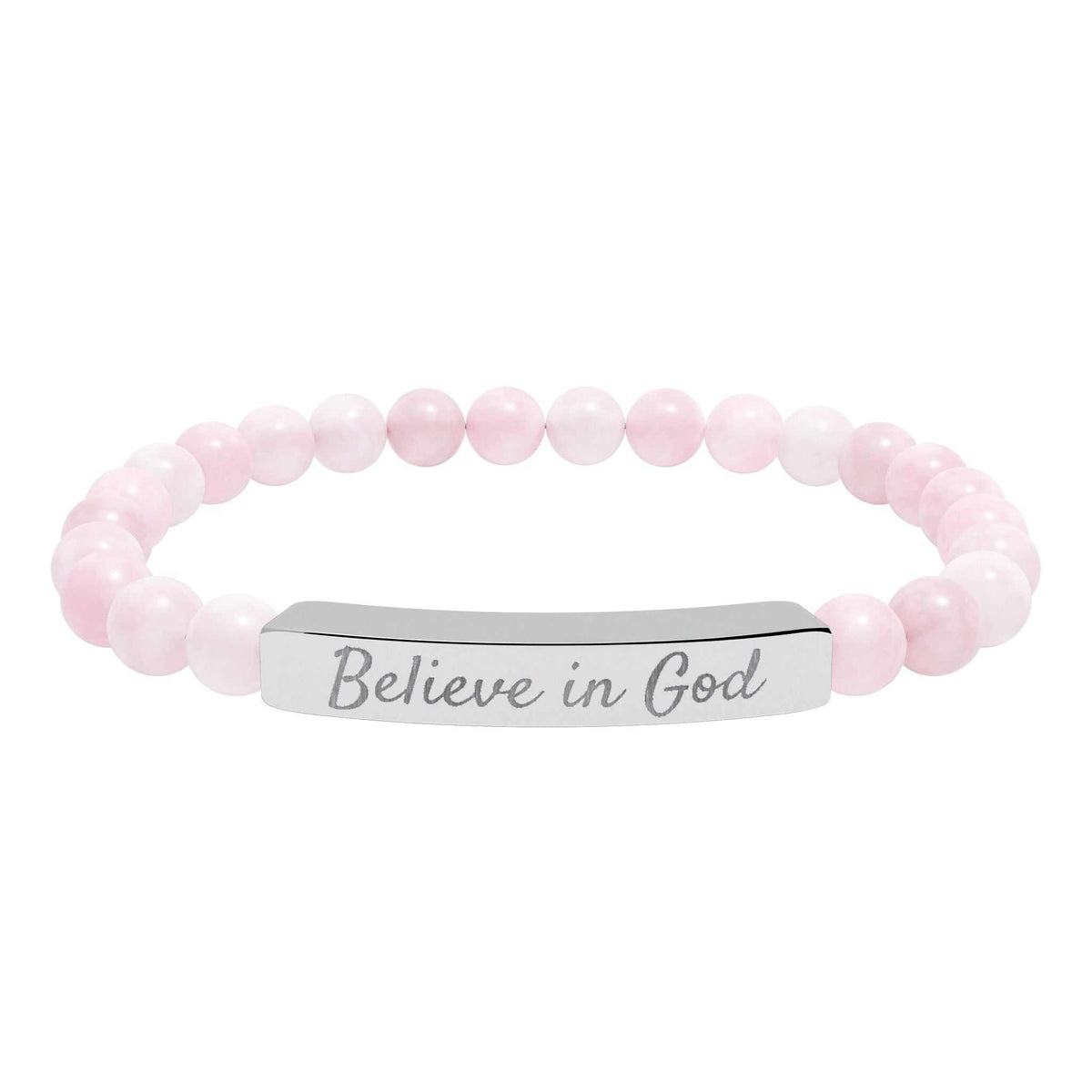 Close-up of a Believe in God bracelet made of 316L surgical grade stainless steel, symbolizing faith and devotion