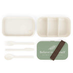 Bento lunch box with silicone tray, wooden lid, elastic band