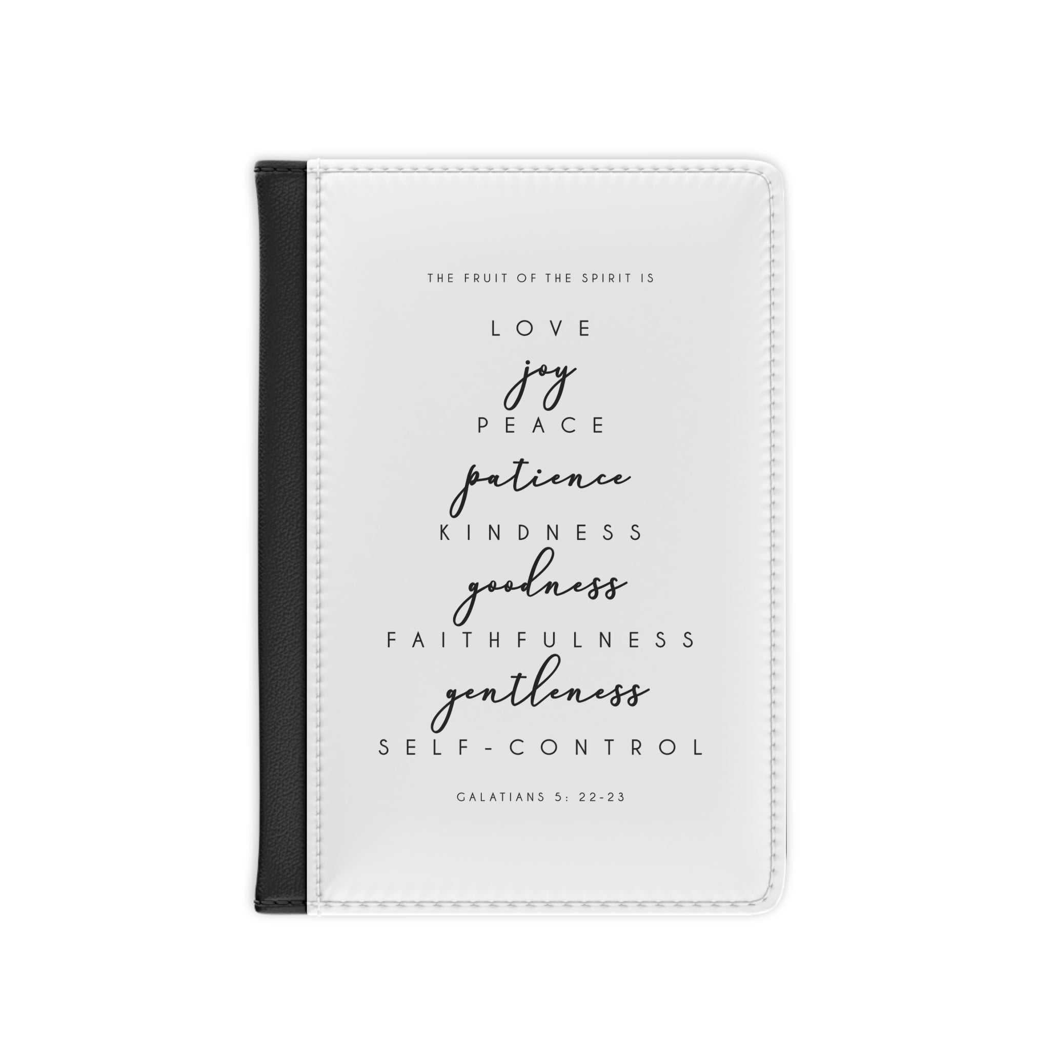 Black Bible verse passport cover with RFID blocking and card pockets