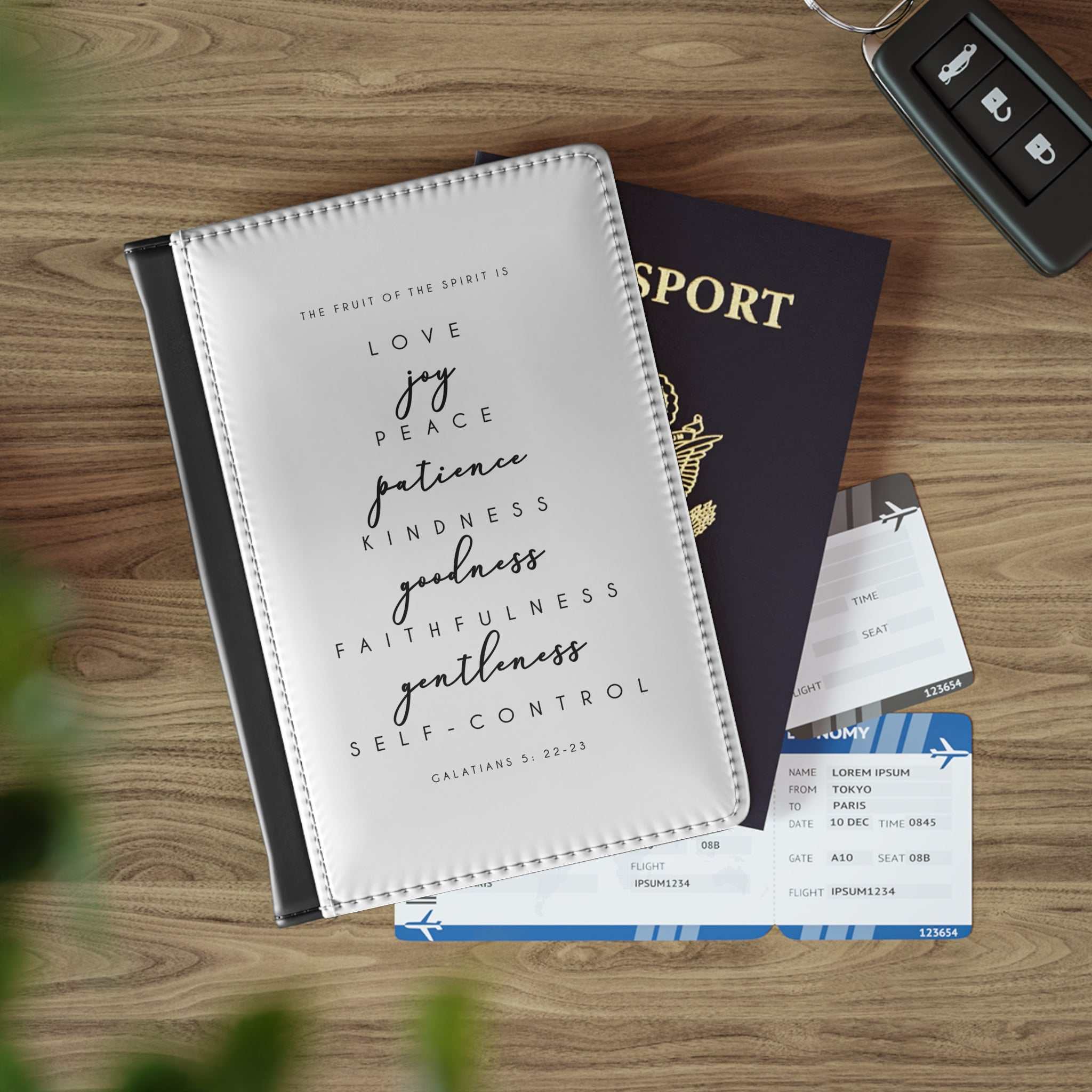 Black PU leather Bible verse passport cover with inner pockets and RFID blocking