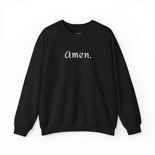 Black Amen sweatshirt with white text, classic fit, cotton-polyester blend for comfort and warmth