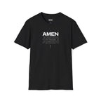 Black Amen T-shirt with faith-inspired design made of 100% ring-spun cotton, classic fit, and tear-away label.