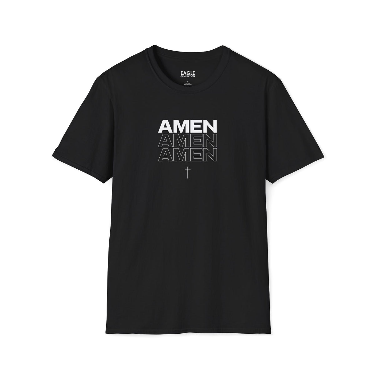 Black Amen T-shirt with faith-inspired design made of 100% ring-spun cotton, classic fit, and tear-away label.