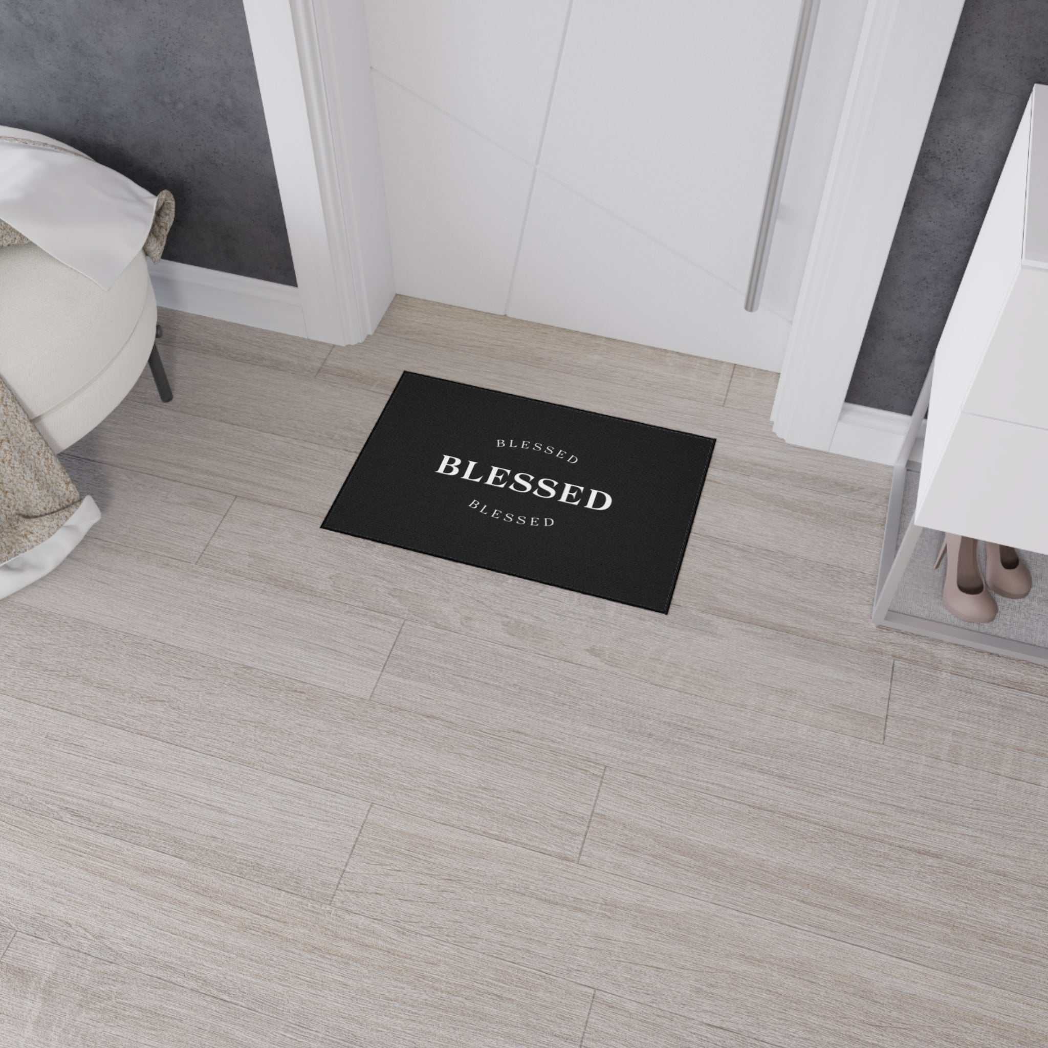Black Blessed Floor Mat with non-slip backing and white text