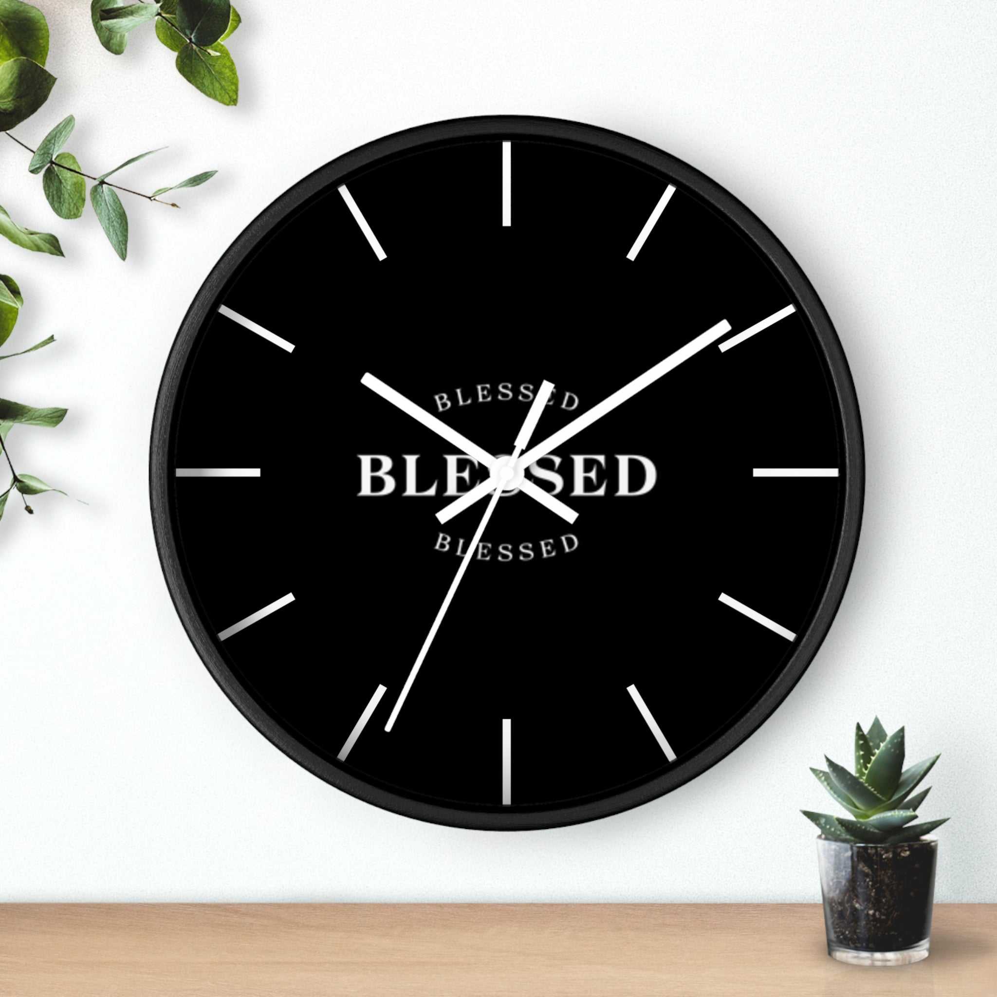 Black Blessed Wall Clock with white hands and markers