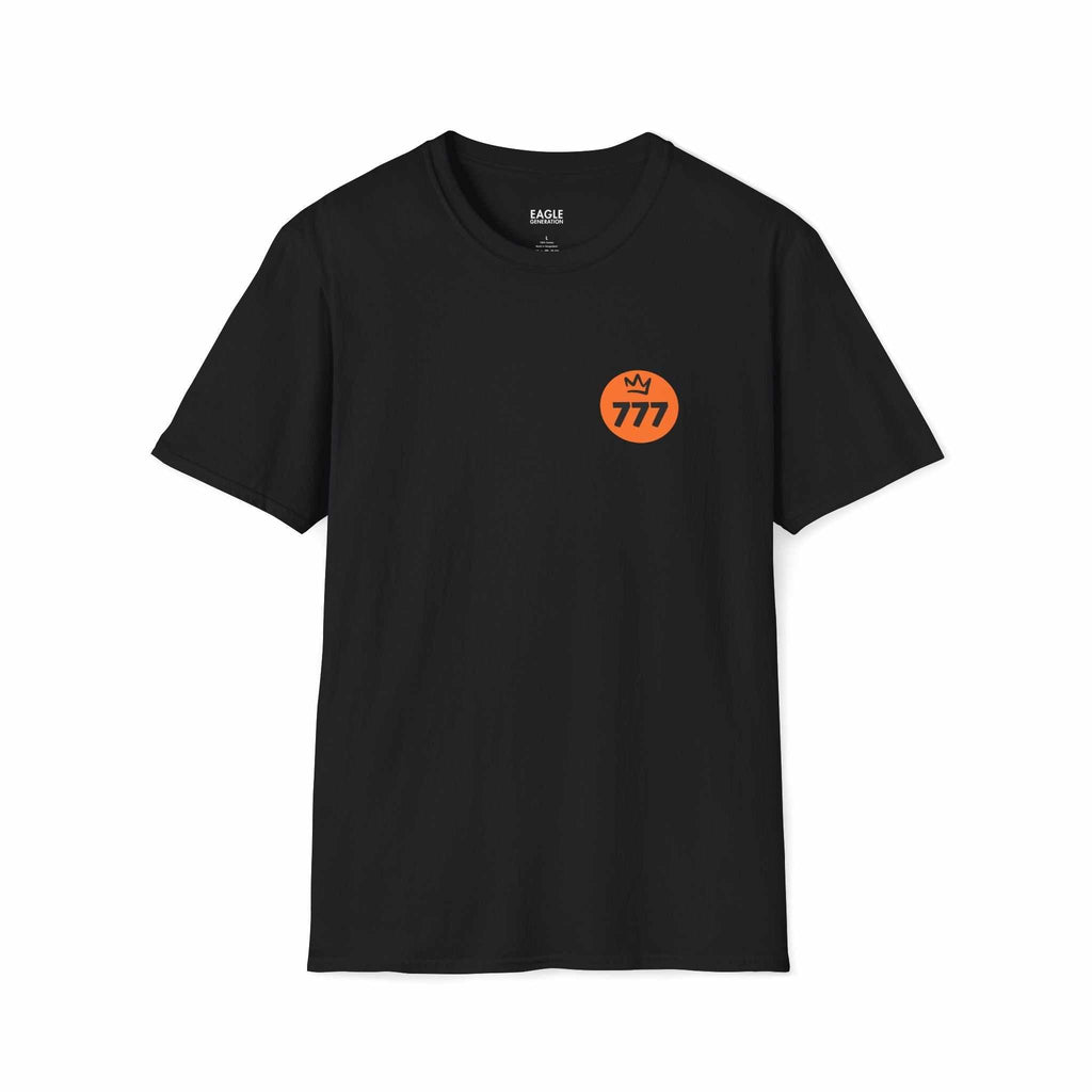 Black Divine Perfection t-shirt with orange 777 emblem, made from 100% ring-spun cotton, classic fit
