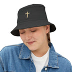 Black Faith Bucket Hat with gold cross symbol