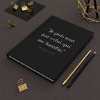Black Fortifié par Christ journal with French Bible quote on cover, matte finish, surrounded by gold and black stationery items