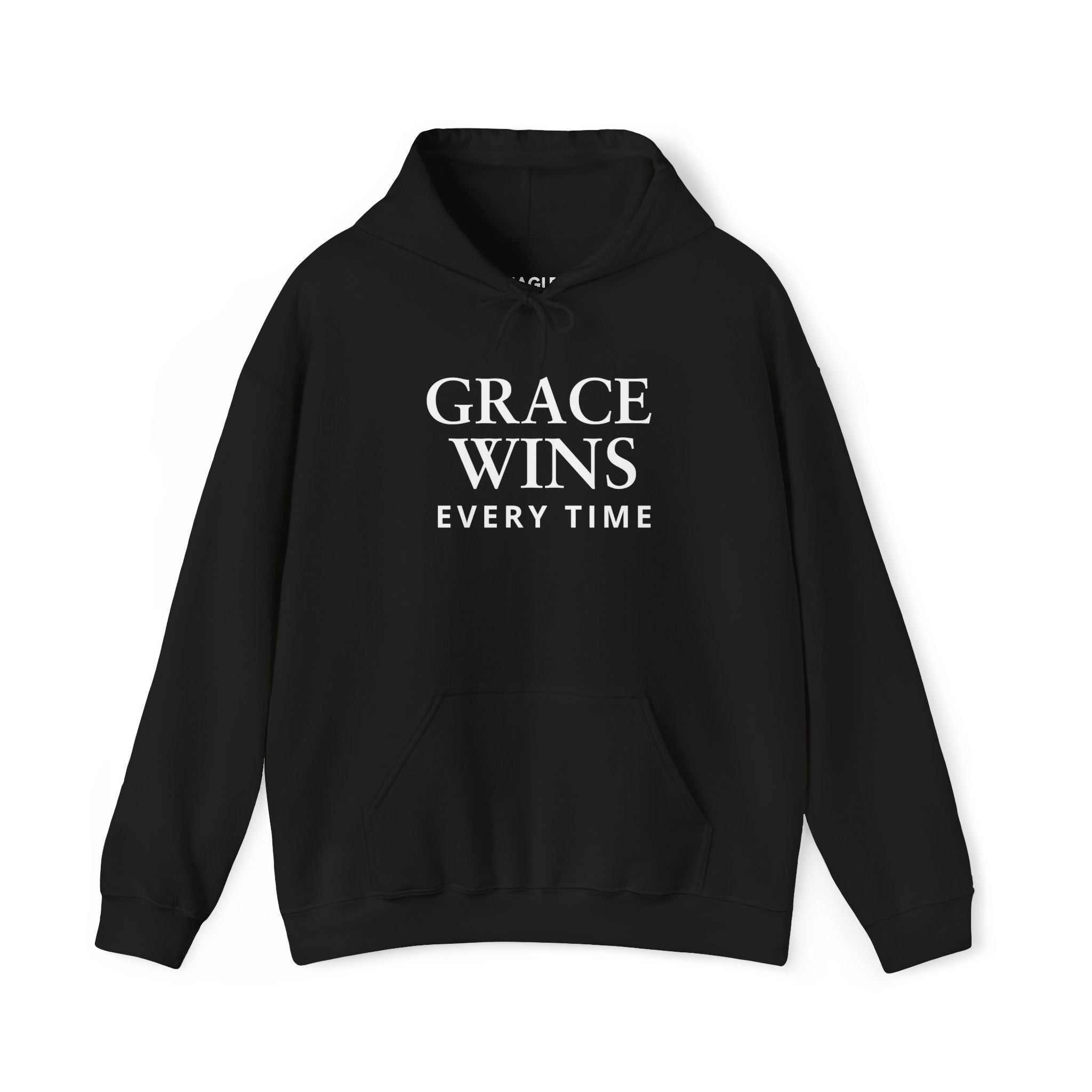 Black classic fit hoodie with "GRACE WINS EVERY TIME" text, made of cotton and polyester