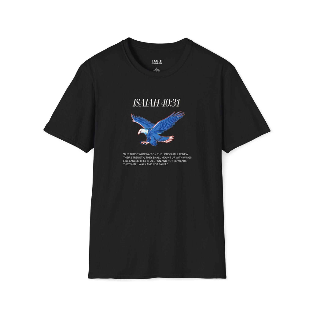 Black Isaiah 40:31 T-shirt with blue eagle graphic and faith quote, 100% cotton, classic fit