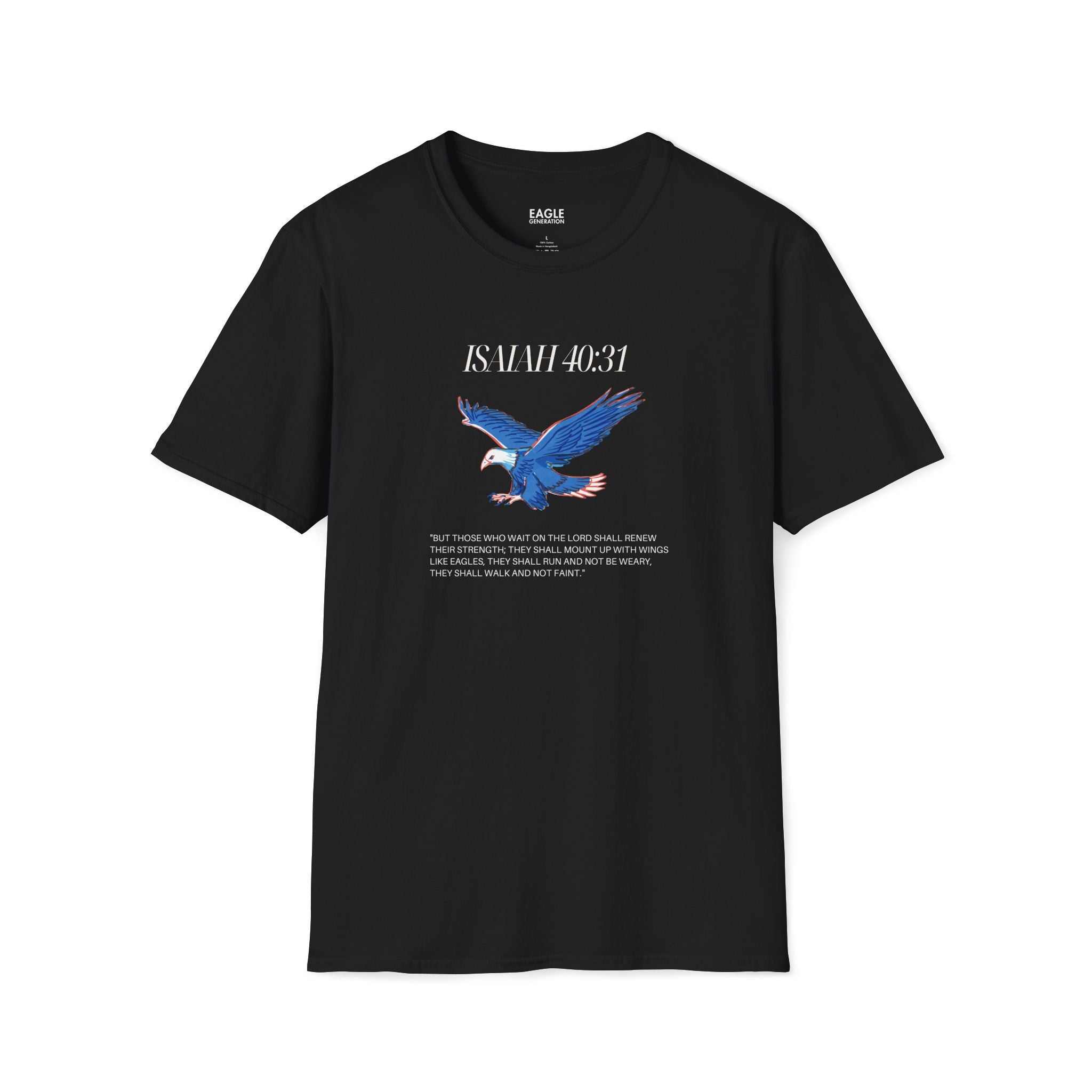 Black Isaiah 40:31 T-shirt with blue eagle graphic and faith quote, 100% cotton, classic fit