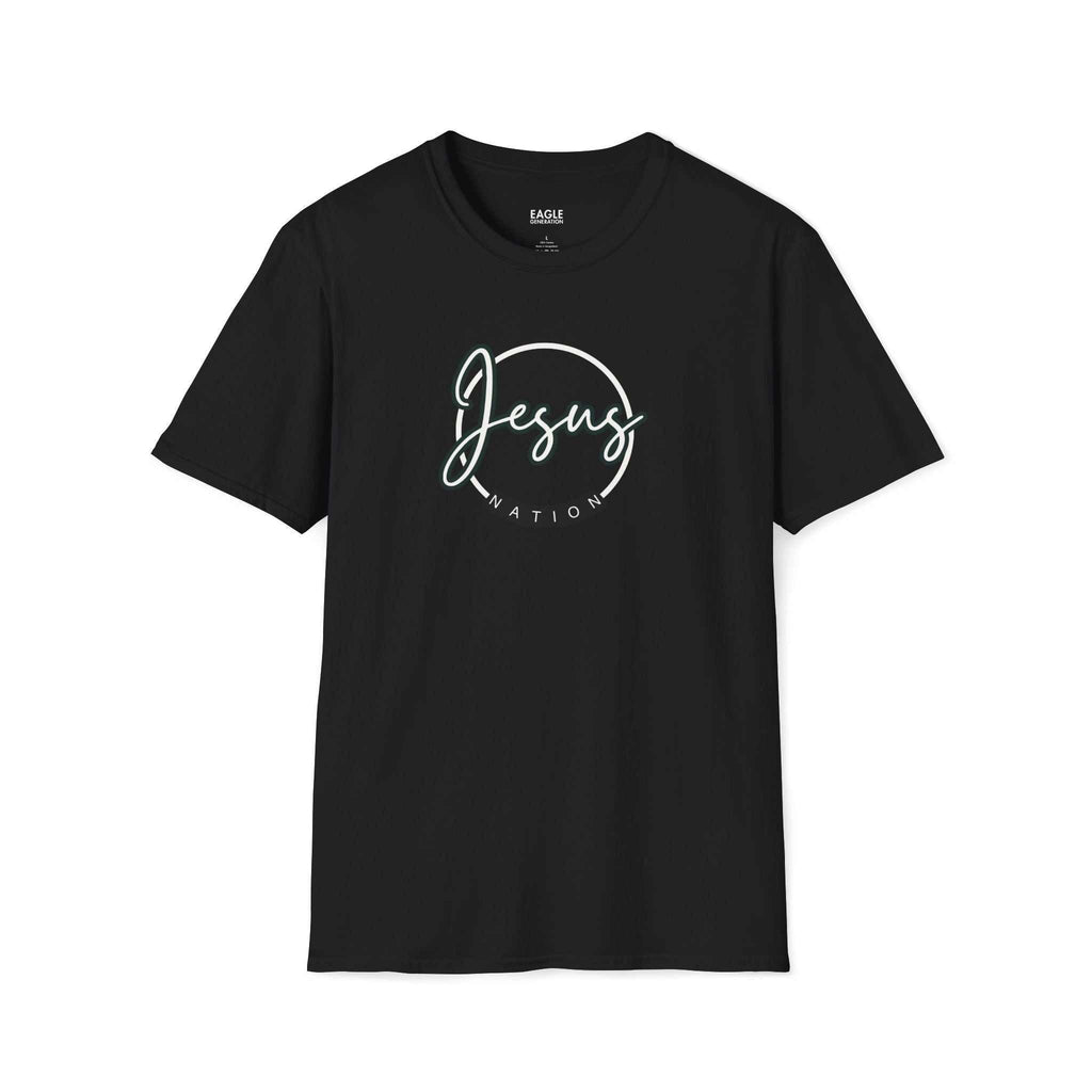 Black Jesus Nation t-shirt with white faith-inspired graphic, 100% cotton, classic fit, comfortable and durable