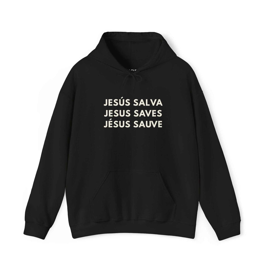 Black Jesus Saves hoodie with faith-inspired print, soft cotton-poly blend, classic fit and hood.
