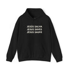 Black Jesus Saves hoodie with faith-inspired print, soft cotton-poly blend, classic fit and hood.
