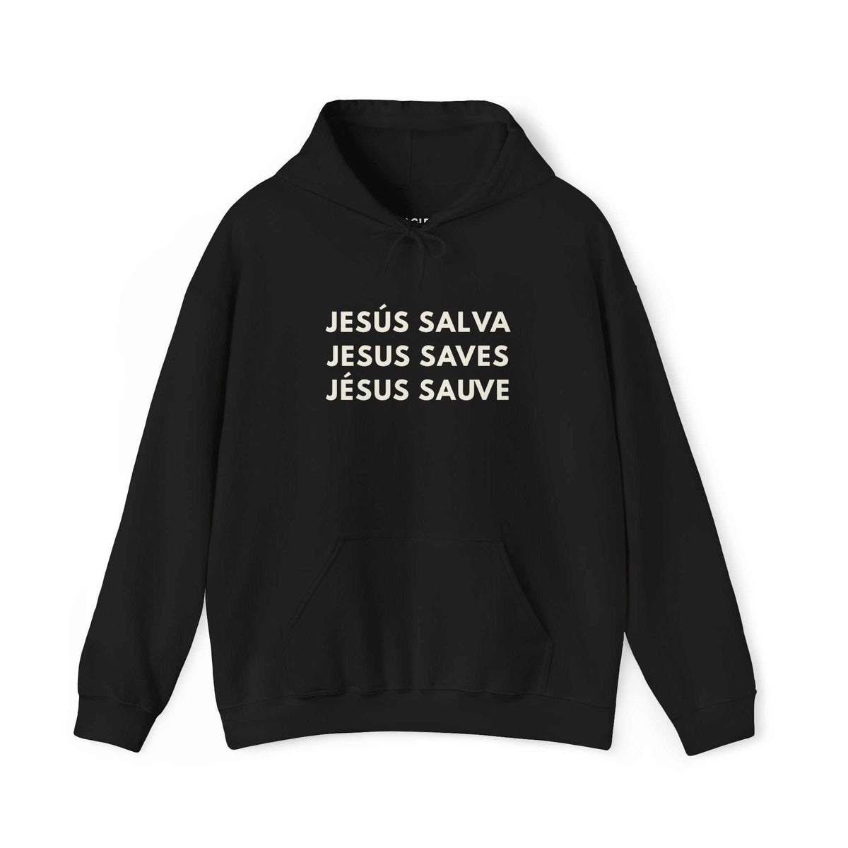 Black Jesus Saves hoodie with faith-inspired print, soft cotton-poly blend, classic fit and hood.
