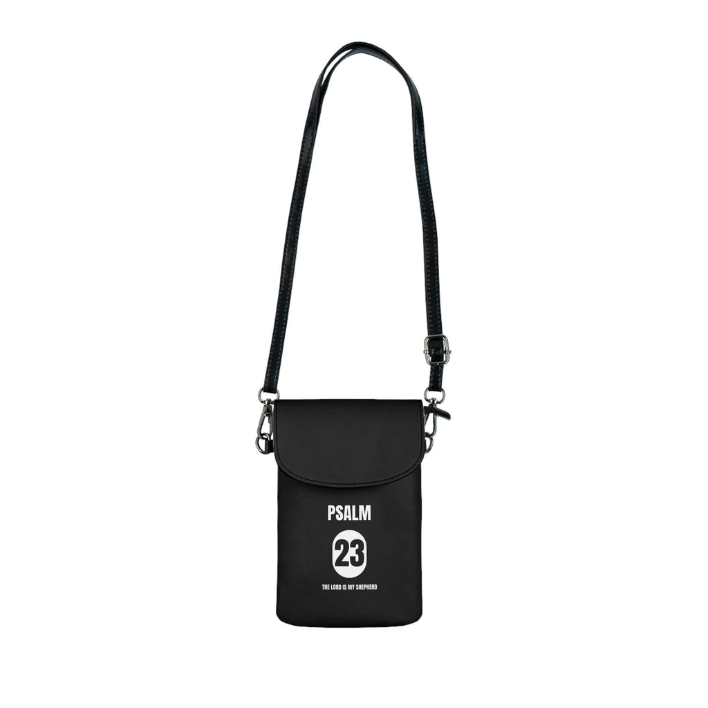 Black Psalm 23 cell phone wallet with adjustable faux leather strap and multiple compartments for essentials