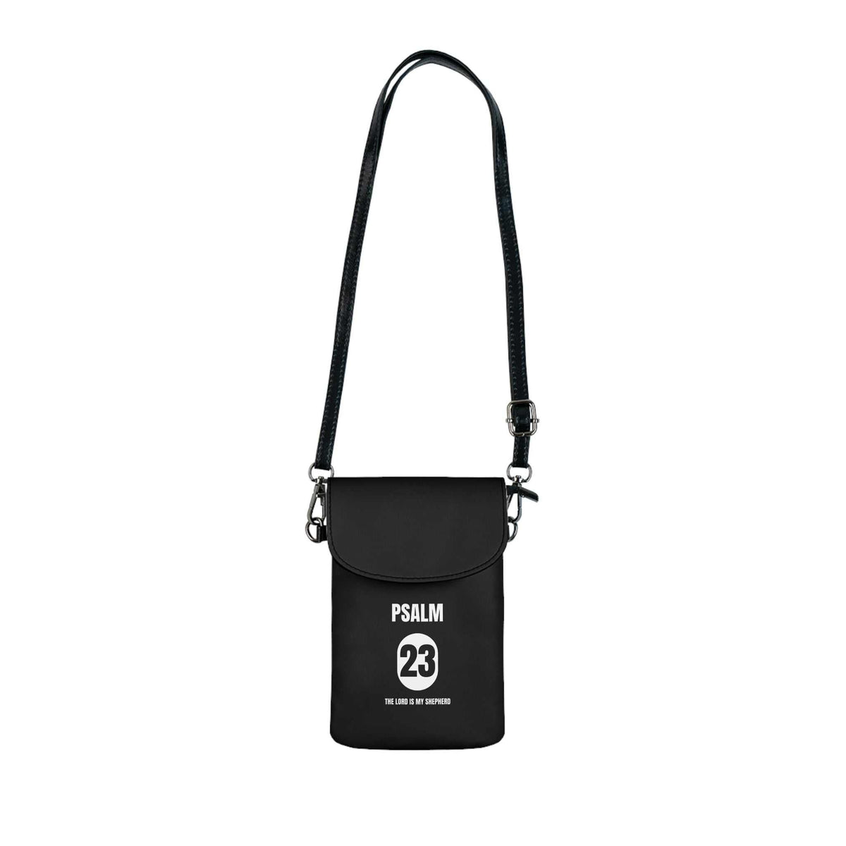 Black Psalm 23 cell phone wallet with adjustable faux leather strap and multiple compartments for essentials