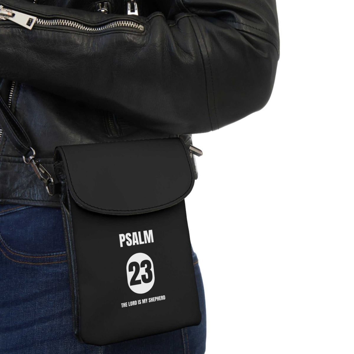 Black Psalm 23 cell phone wallet with adjustable strap worn crossbody