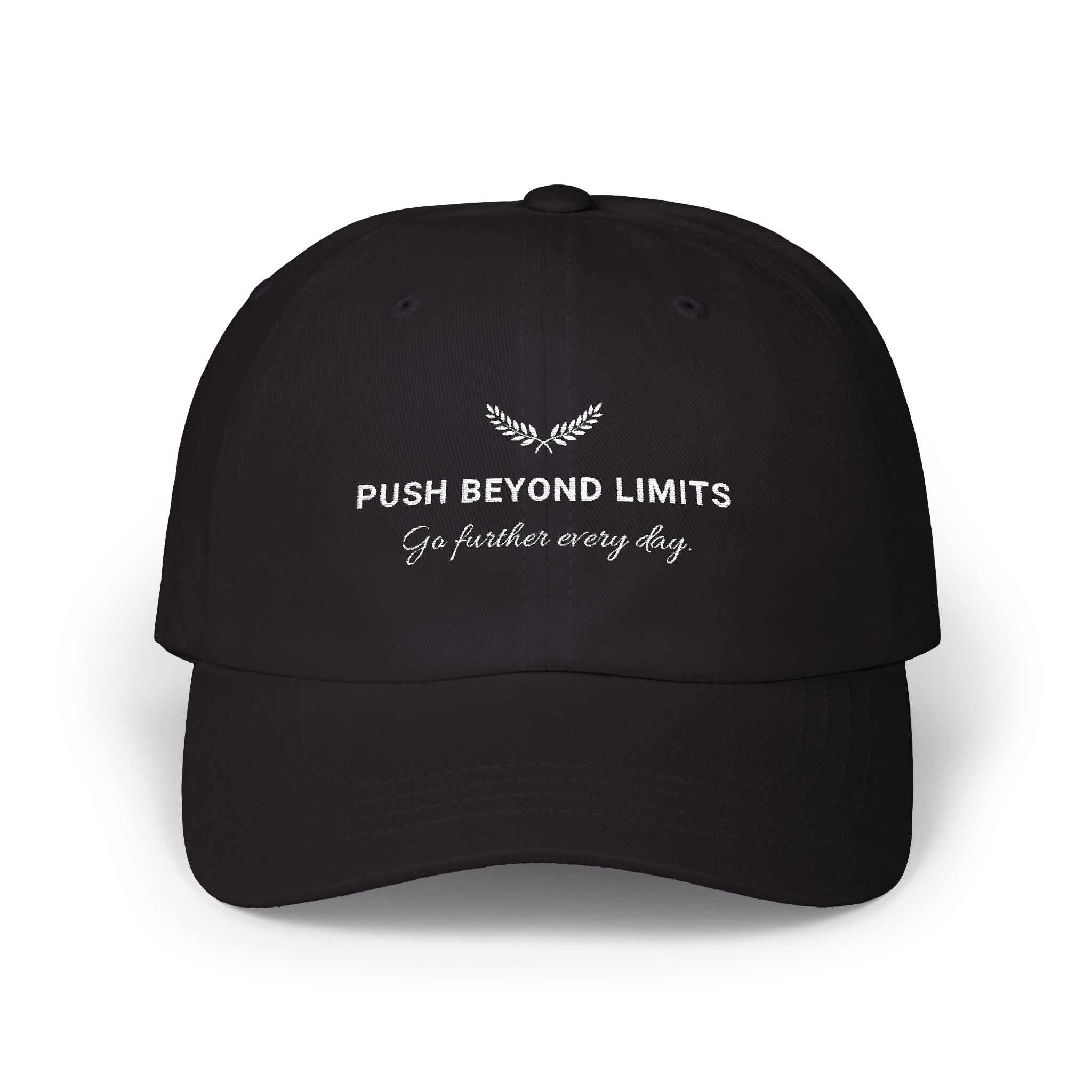 Black Push Beyond Limits cap with motivational white text and adjustable antique brass buckle strap
