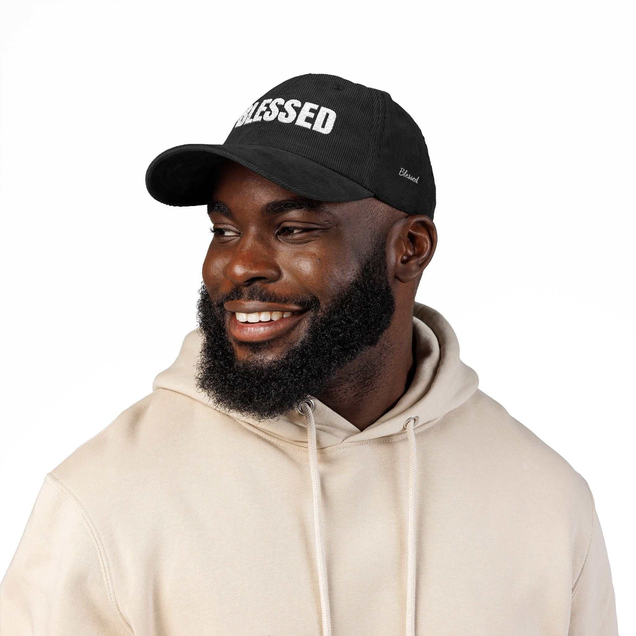 Black Vintage Corduroy Cap with embroidered "Blessed" text