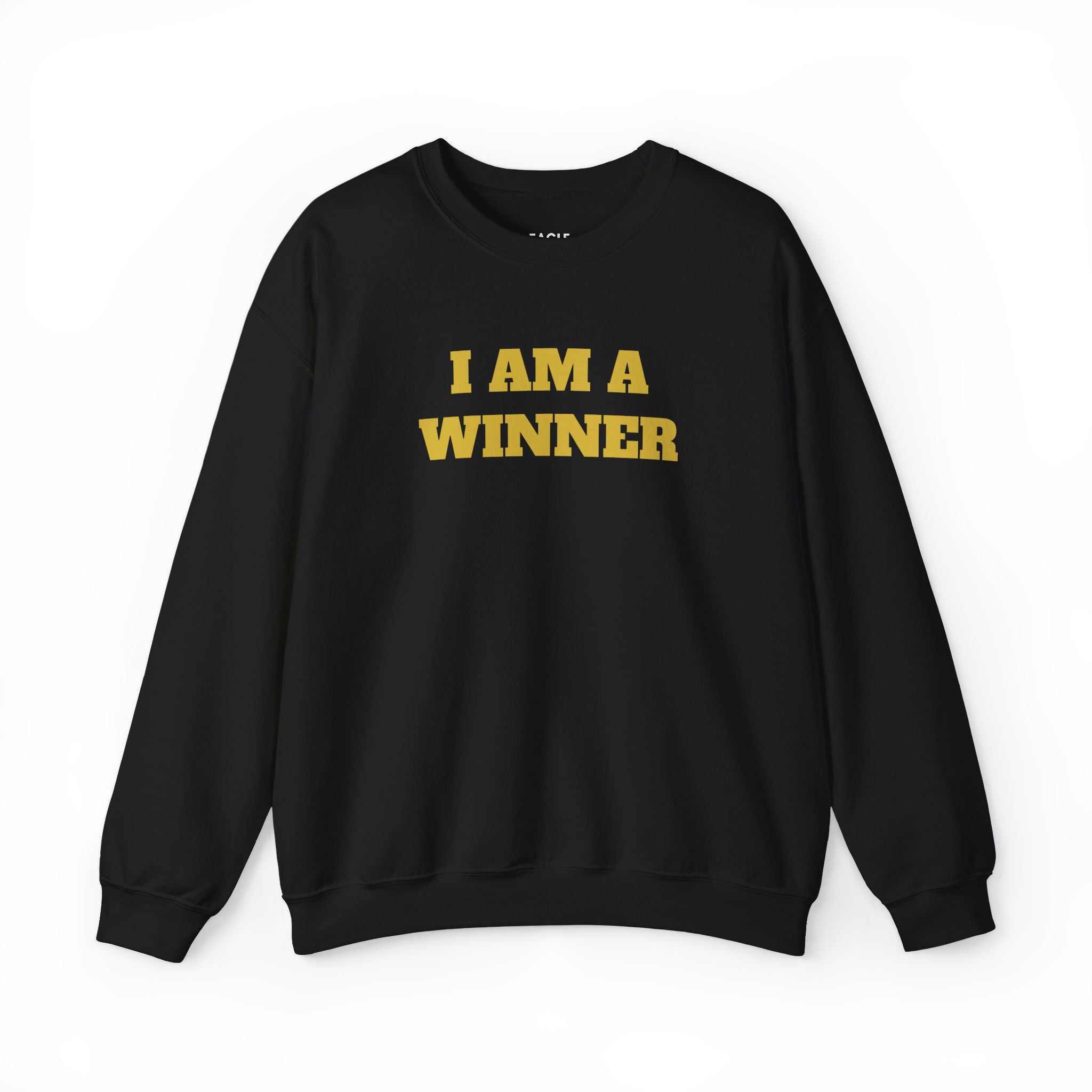 Black Winner Mindset Sweatshirt with "I AM A WINNER" text in gold, classic fit cotton-poly blend